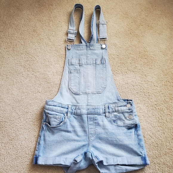 GARAGE stretch denim overalls light wash blue jeans straps short shorts Small - Picture 1 of 10